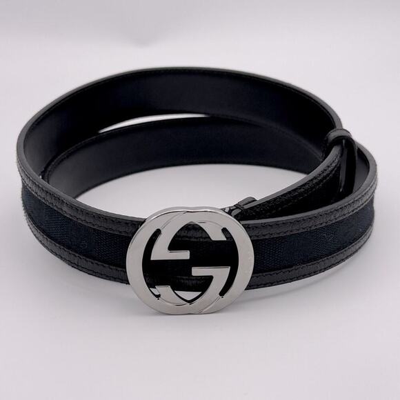 New Gucci GG Canvas Leather Belt Interlocking G Black Size 95/38 Unisex 1.2” main image 7